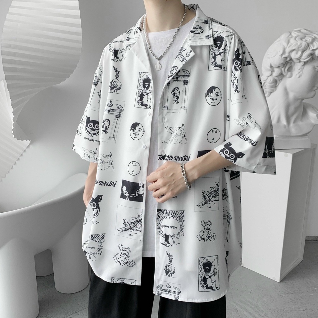 Áo sơ mi nam nữ đều mặc được kiểu tay lỡ form rộng Unisex in hình Husky truyện tranh Comic cực hot