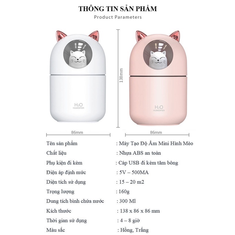 Máy Phun Sương Hình Mèo CTFAST-01:  Dung Tích 300 ML, Cấp Ẩm Cho Da, Khuếch Tán Tinh Dầu, Ánh Sáng Thay Thế Đèn Ngủ