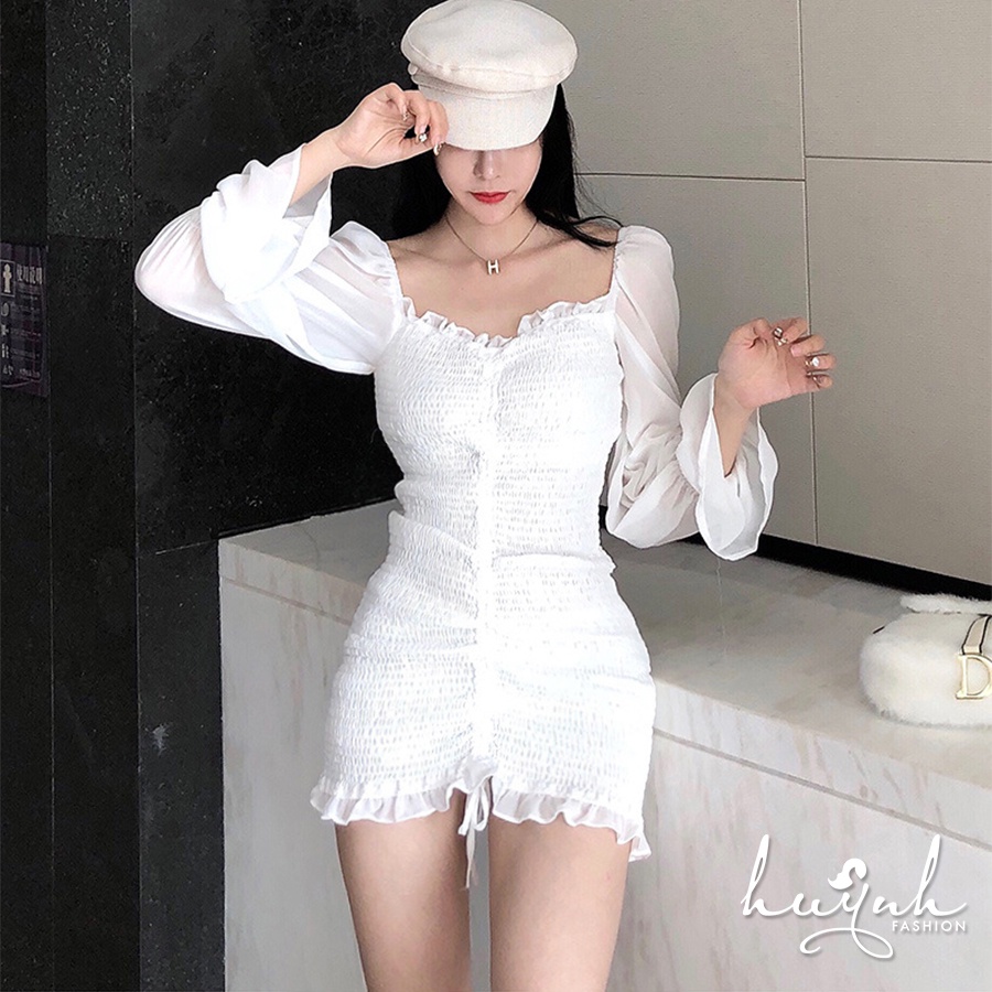 Váy body nhún dài tay, đầm body tay phồng đuôi cá cao cấp có ảnh thật - DNTD01