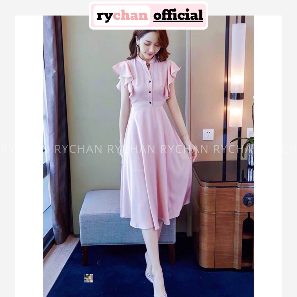 [ẢNH THẬT CUỐI] Đầm Xoè Hồng Cánh Tiên Nút Đen - DX082