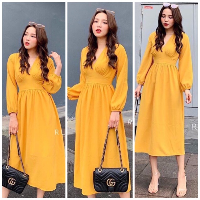 ĐẦM MAXI VÀNG CỔ V