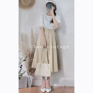 Áo sơ mi cổ tròn tay lửng bo chun ba màu xanh/be/trắng