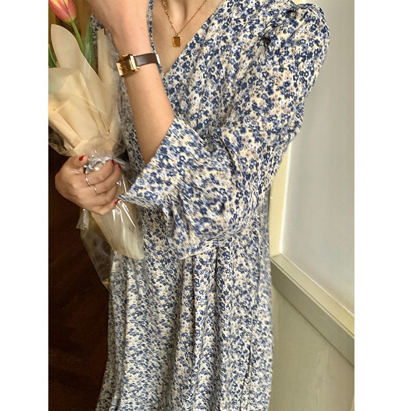 Đầm tay dài cổ chữ v in họa tiết hoa phong cách Hàn Quốc thời trang cho nữ