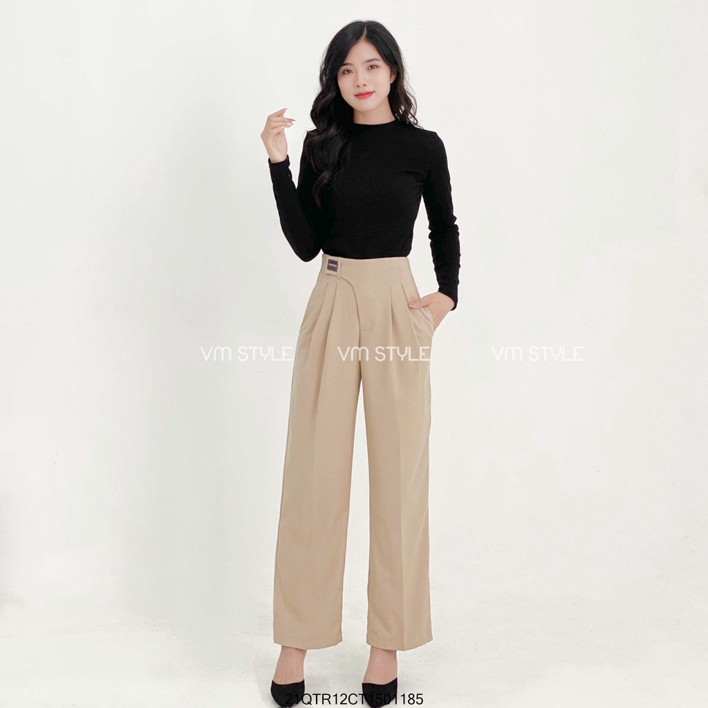 Quần tây VM STYLE ống rộng chít li gài đai chéo thêu mạc thời trang nữ ulzzang Hàn Quốc 21QTR12CT1501