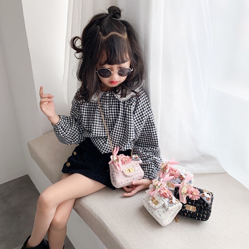 Túi xách dạ đính hoa nơ thời trang cao cấp cho bé