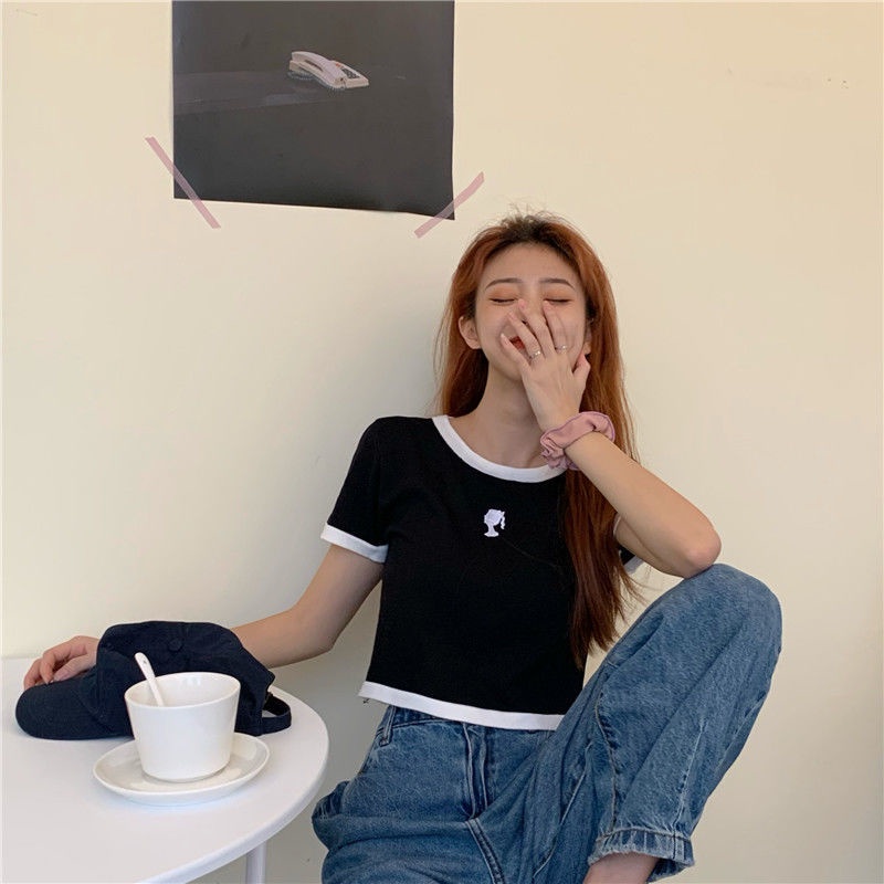 Áo Thun Lụa Lạnh Tay Ngắn Dáng Rộng Màu Sắc Tương Phản Thời Trang Mùa Hè Dành Cho Nữ