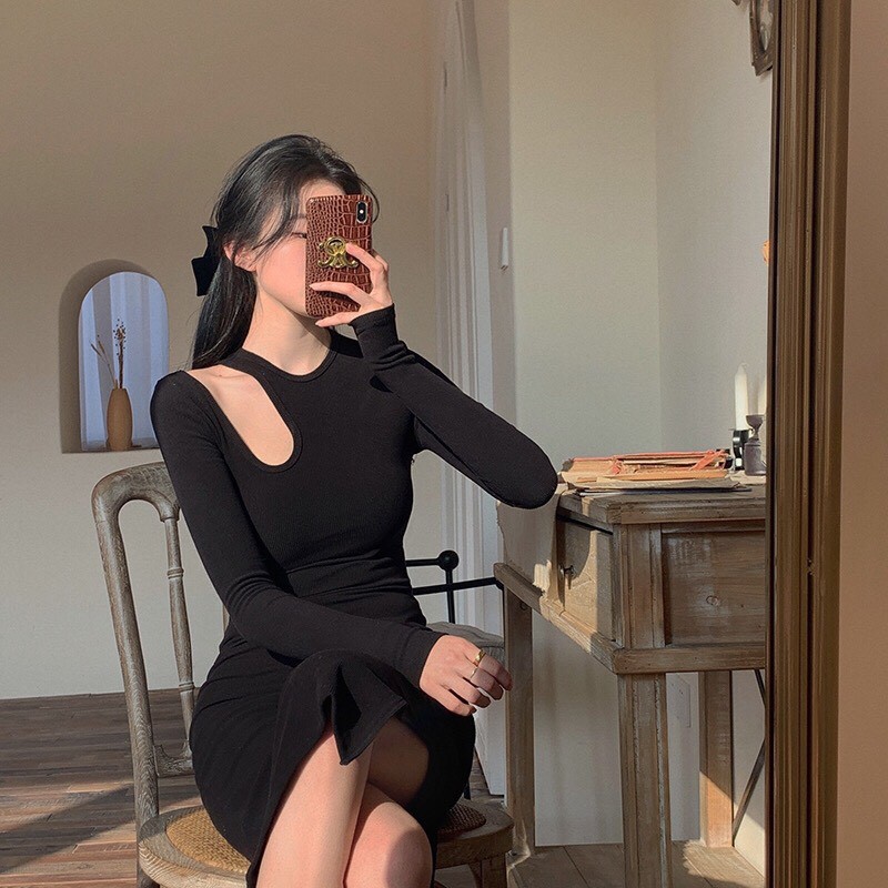 Váy body nữ cổ tròn khoét vai quyến rũ mặc tôn dáng/ Váy dài tay mặc thu đông 2 màu trẻ trung cá tính_xuongmaythuhien