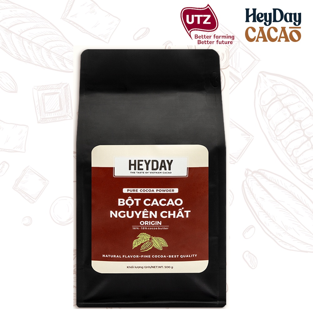 Bột cacao nguyên chất 100% Heyday - Dòng Origin thượng hạng [250g, 500g] - Chuẩn UTZ Quốc Tế