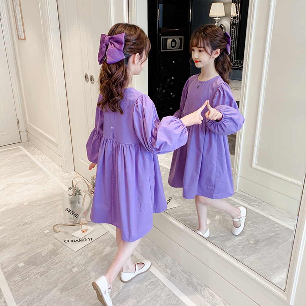 Váy xòe tím dài tay thu đông bé gái lớn. Size đại đầm trẻ em 6, 7, 8, 10, 11, 12, 13, 14, 15 tuổi