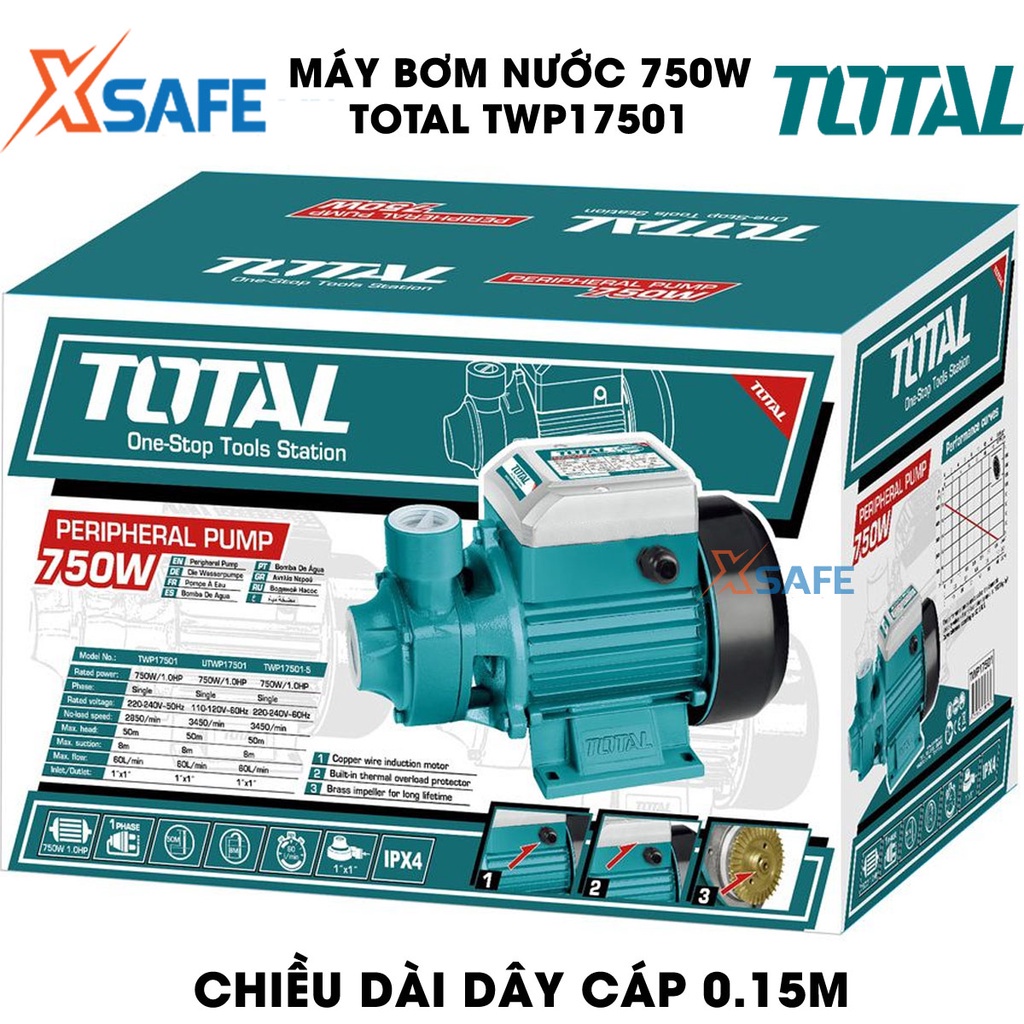 Máy bơm nước 750W TOTAL TWP17501 motor dây đồng Máy bơm nước Total chiều cao bơm tối đa 52m, lưu lượng tối đa 50 lít/ph