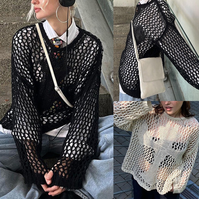 Brroa Áo Sweater Dệt Kim Chui Đầu Dáng Rộng Khoét Rỗng Đan Chéo Cho Nữ