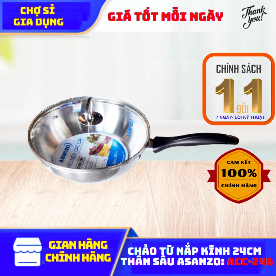 Chảo Đáy Từ Inox 3 Đáy Thân Cao 24cm Asanzo AC-C24B( nắp kính), Dùng Được Tất Cả Các Loại Bếp- Chợ Sỉ Gia Dụng