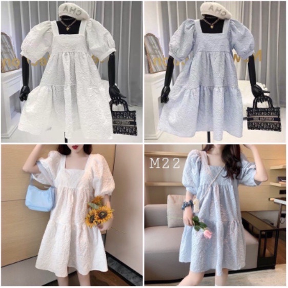 Váy babydoll Cổ Vuông Tay Bồng Chất Đũi Xốp tay bồng siêu xinh form rộng