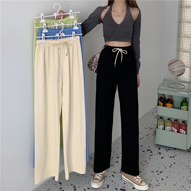 SUXI Quần dài ống rộng lưng cao màu sắc đơn giản phong cách hàn quốc cho nữ