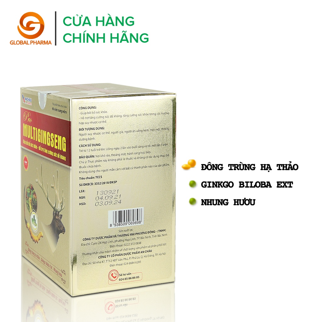 Viên nang pro multigingseng An Châu giúp tăng cường sức khỏe, tăng cường sức đề kháng hộp 6 vỉ 60 viên - Globalpharma