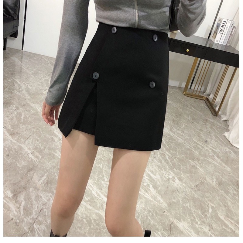 Chân váy ngắn chữ A lưng cao có quần trong phối nút xẻ tà cá tính màu đen - Chân váy kaki nữ | BigBuy360 - bigbuy360.vn