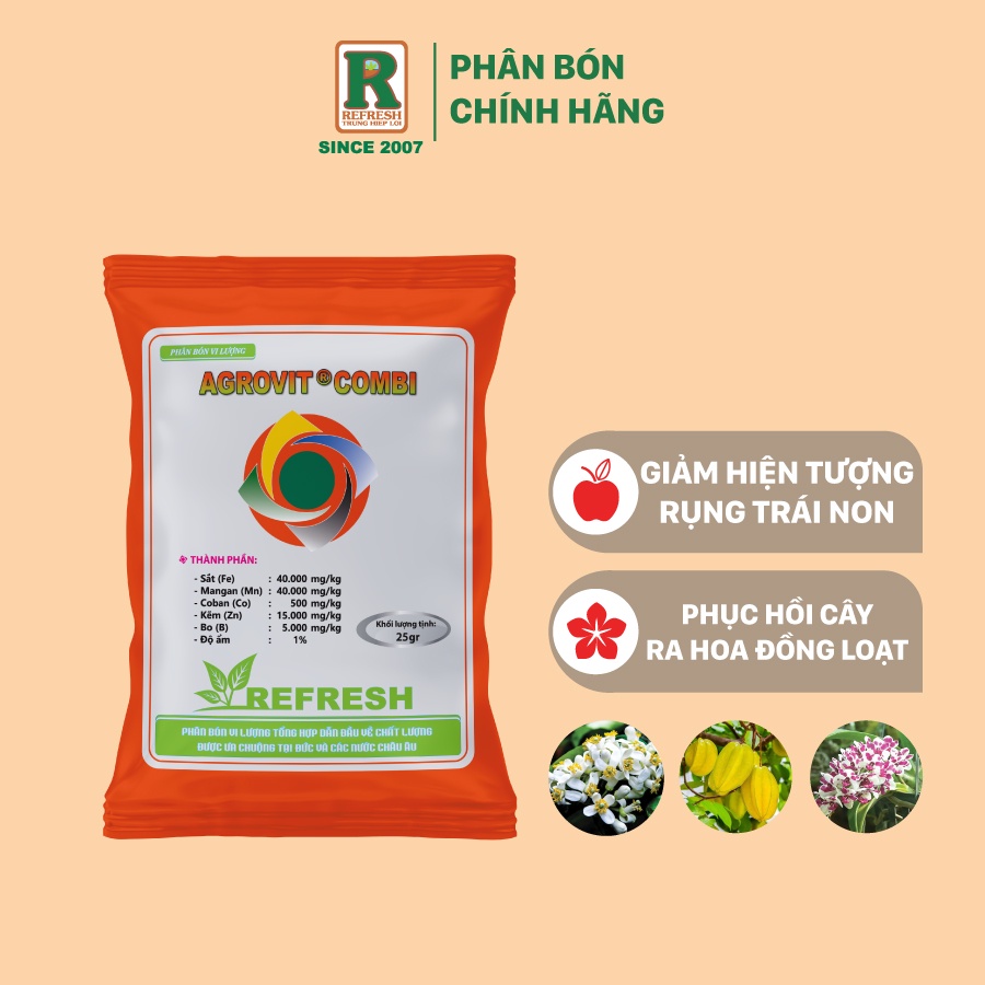 Phân bón vi lượng AGROVIT COMBI ra hoa, chống rụng trái non 25Gr và 2,5Gr