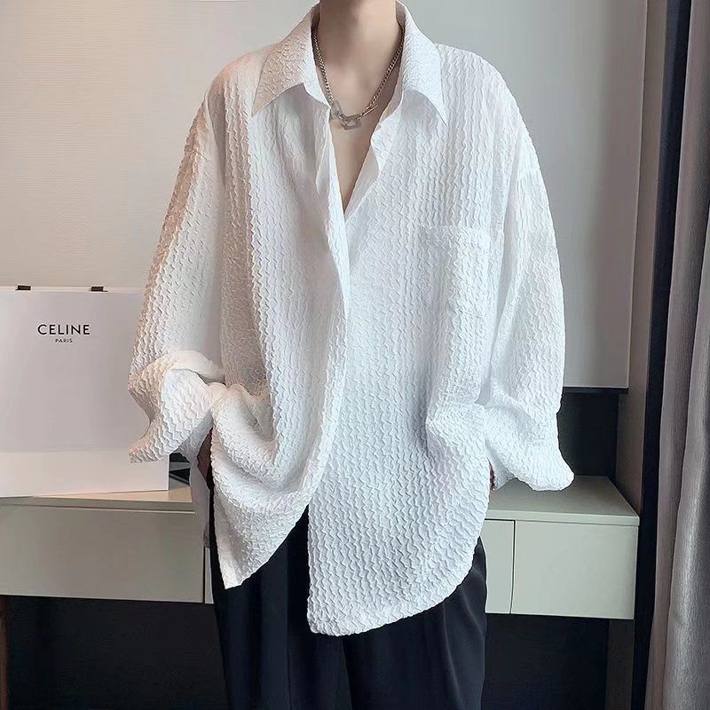 [Áo Sơ Mi Nam] Áo Sơ Mi Dài Tay Họa Tiết Gợn Sóng Nổi Bật Mùa Xuân Hè Dáng Rộng Không Ủi Cao Cấp