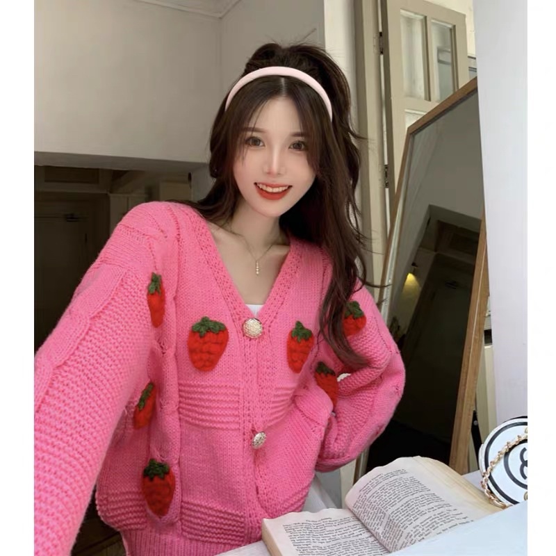 Áo khoác len dài tay dày dặn hình dâu tây hàng loại 1 chuẩn Quảng Châu