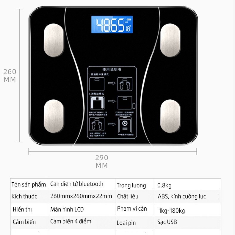 Cân Điện Tử Thông Minh Đo Chỉ Số Cơ Thể Lượng Mỡ Có App Đi Kèm + Hướng Dẫn Sử Dụng  VT033