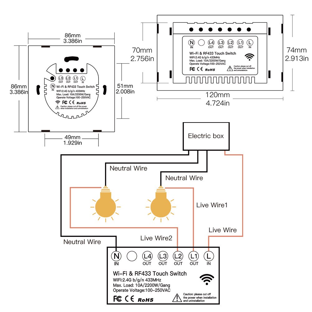 Công tắc đèn không dây thông minh MOES WiFi + RF 1/2/3 Gang RF/APP/hẹn giờ điều khiển tương thích với Alexa/Google Home