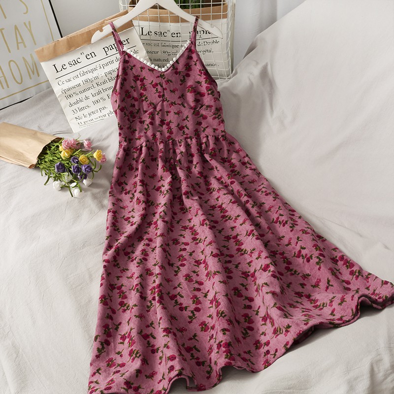 [Sẵn Đỏ] Váy Hai Dây Hoa Nhí Nhung Tăm Eo Cao Hàng Quảng Châu Loại 1 V03 | BigBuy360 - bigbuy360.vn