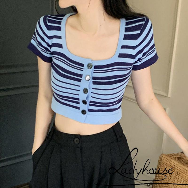 Áo Thun Dệt Kim Ngắn Tay Cổ Vuông Hai Màu Sắc Dành Cho Nữ