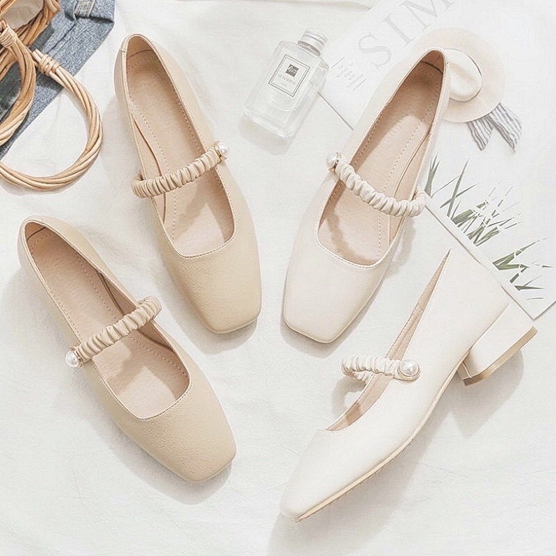 Giày nữ ulzzang vintage quai chun ngang đính đá 2 màu trắng kem GIÀY NỮ ULZZANG HÀN QUỐC－ ＨÀＮＧ ＣÓ ＳẴＮ