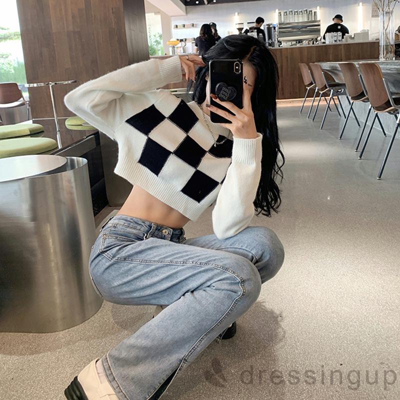 Áo Sweater Tay Dài Cổ Tròn Họa Tiết Khối Màu Sắc Cho Nữ