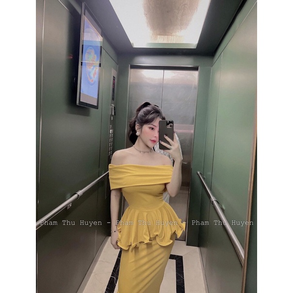 Set áo peplum trễ vai tùng xếp ly + Chân váy body