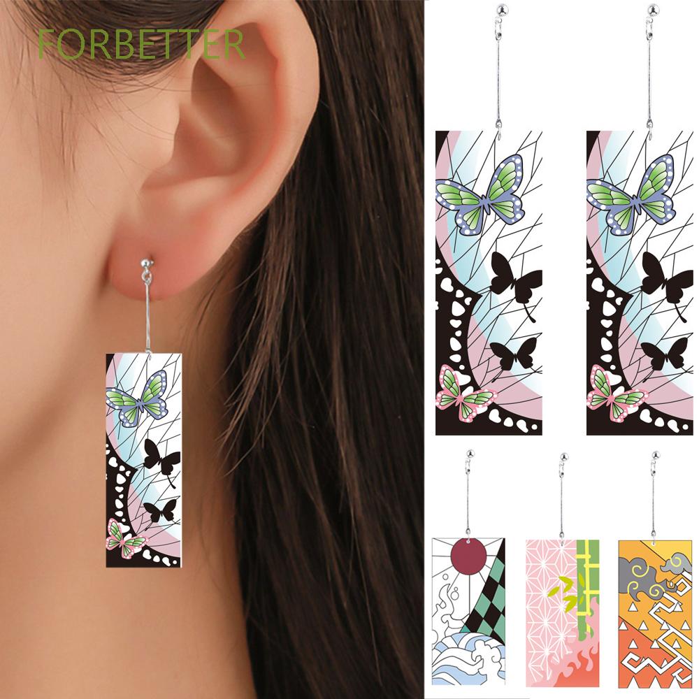 FORBETTER 1 Pair Anime Demon Slayer Drop Earrings Female Cosplay Props Stud Earrings Kamado Tanjirou Butterfly Kochou Shinobu Kimetsu no Yaiba Jewelry Unisex Dangle Earrings