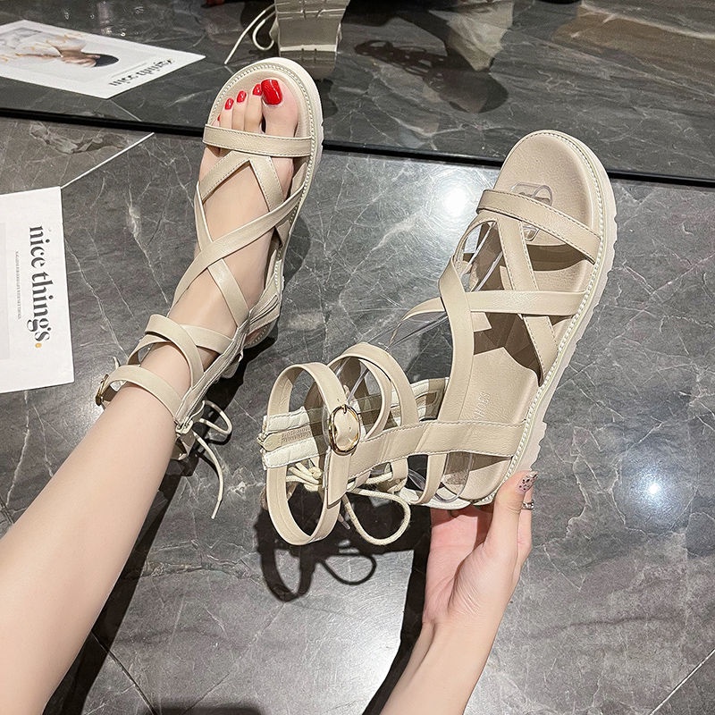 Giày Sandal Đế Bằng Mềm Cổ Cao Dây Chéo Thời Trang Mùa Hè Cho Nữ