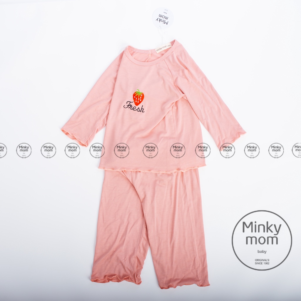 [SALE] Bộ Quần Áo Bé Gái, Bé Trai Minky Mom Vải Thun Lạnh Thêu Trái Dâu Bánh Bèo, Bộ Dài Tay Mặc Nhà Thu Đông MKMTD2145