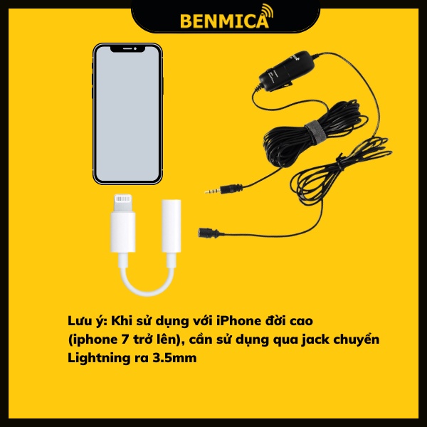 Micro thu âm cài áo Benmica B1 dành cho điện thoại, máy ảnh, máy quay dây kết nối dài 6m - Hàng chính hãng