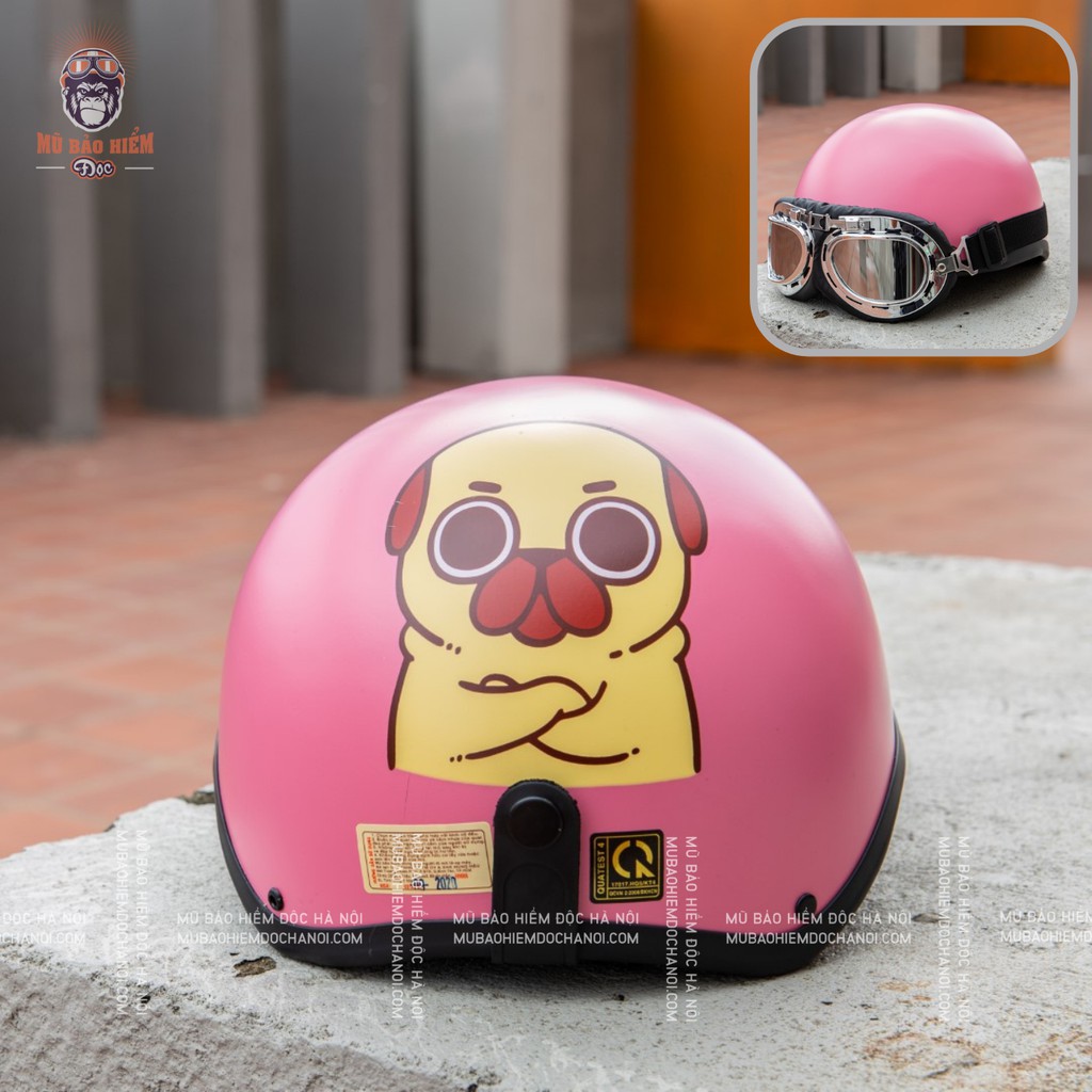 Mũ Bảo Hiểm HR1 Chó Pug Hồng (Kèm Kính) - Mũ Bảo Hiểm Nửa Đầu Thiết Kế Tiêu Chuẩn