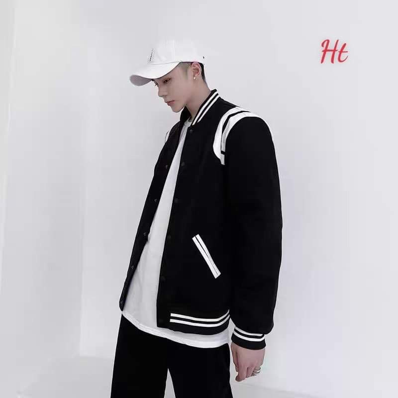 Áo bomber bóng chày phối vai trắng