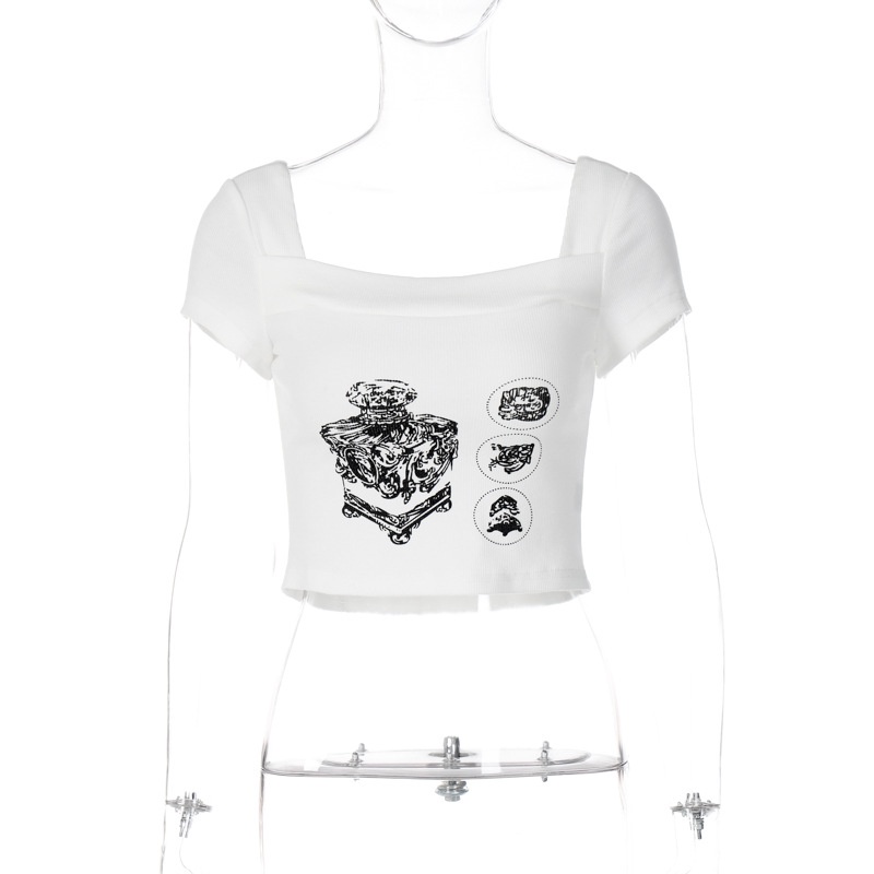 Áo Thun Tay Ngắn Cổ Vuông In Họa Tiết Nghệ Thuật Cho Nữ