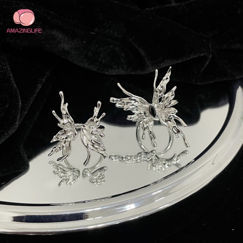 [Amazinglife] Nhẫn Dạng Lỏng Hình Bướm Bằng Kim Loại Mạ Bạc Phong Cách Punk Cá Tính Làm Quà Tặng Đám Cưới Cho Cặp Đôi Nam Nữ