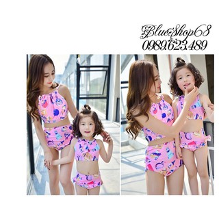 Combo đồ bơi sành điệu cho mẹ (40-67kg) và bé (1-6T) áo yếm, quần cạp cao màu hồng