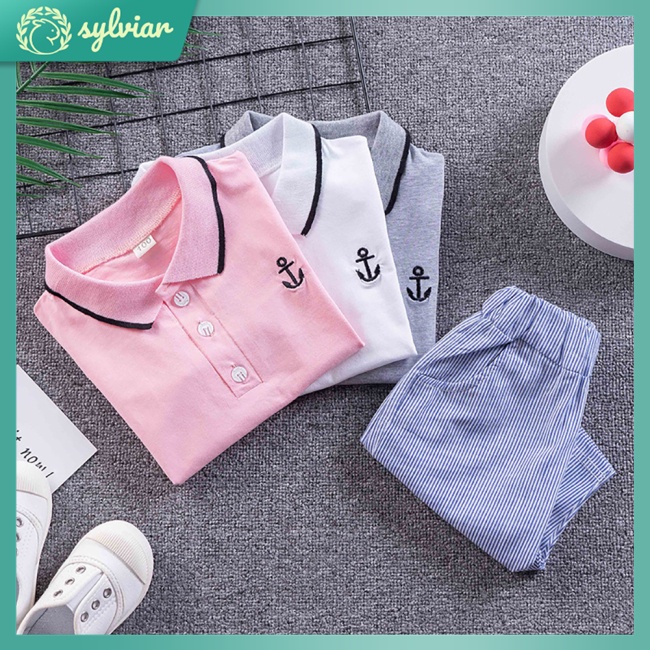 Set Đồ 2 Món Gồm Áo Thun Polo Tay Ngắn Cổ Bẻ Thêu Hình Mỏ Neo + Quần Short Cho Bé Trai