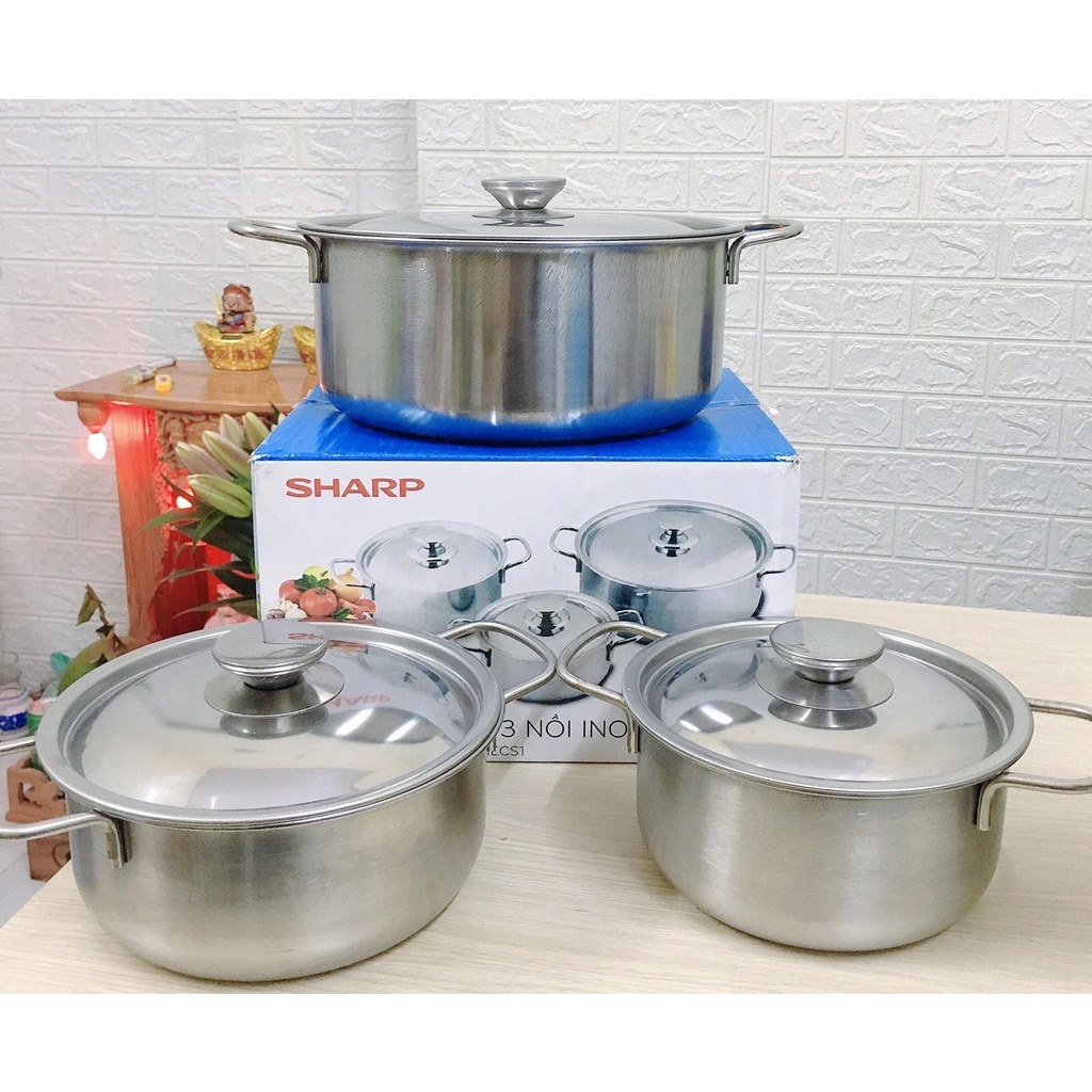 Bộ 3 nồi inox SHARP nắp inox 24cm 20cm 16cm dùng dược bếp từ và mọi loại bếp, bộ ba nồi inox cao cấp - Mikem Shop
