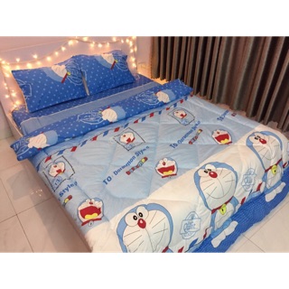 Bộ chăn ga gối cottong poly 5 món- doraemon