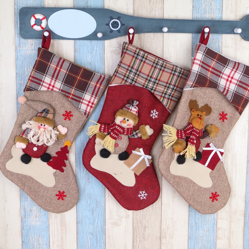 Tất đựng quà giáng sinh/năm mới họa tiết sọc caro/người tuyết/ông già noel