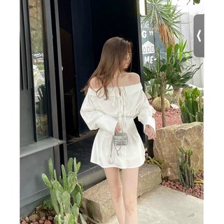 Đầm trắng trễ vai xếp ly ngực
