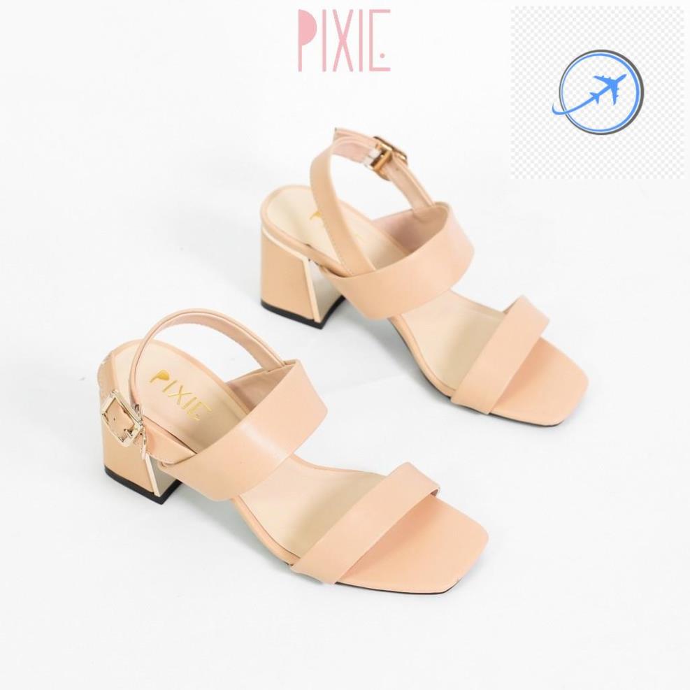 🤾👷 Giày Sandal Cao Gót 5cm Đế Vuông Ốp Đồng Quai Ngang Màu Đen Pixie X462 🤾👷