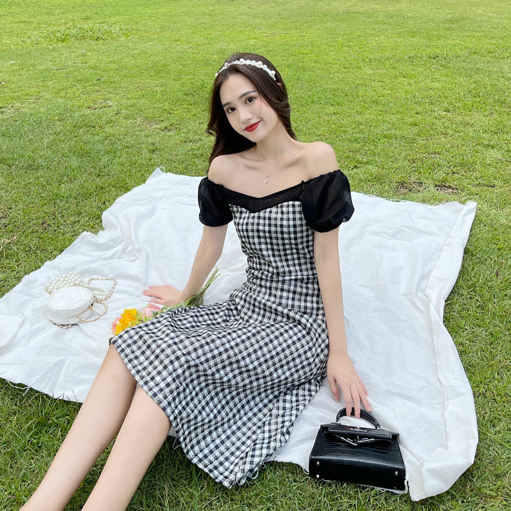 Đầm dài ZHELIHANGFEI tay ngắn họa tiết sọc caro phong cách cổ điển