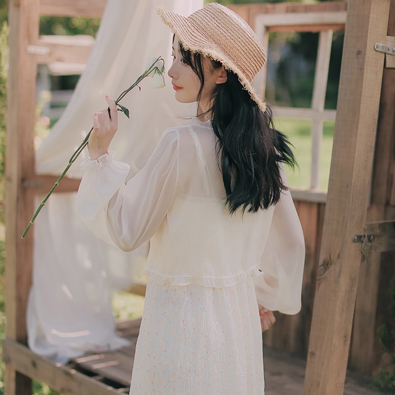 Áo Croptop Kiểu Nữ Áo Khoác Cardigan Chất Chiffon Tay Dài Màu Sắc Thanh Lịch