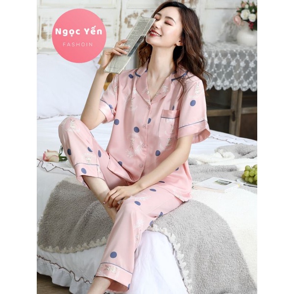 Đồ ngủ Pyjama lụa chất lượng tay ngắn mặc nhà họa tiết | BigBuy360 - bigbuy360.vn