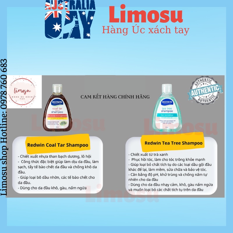 Dầu gội đầu giảm gàu nấm giảm nhờn Redwin Coal Tar / Tea tree Úc