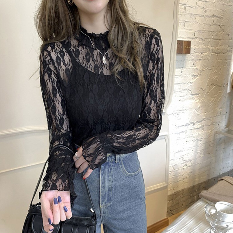 Brroa Áo Ren Xuyên Thấu Tay Dài Cổ Lọ Thanh Lịch Cho Nữ